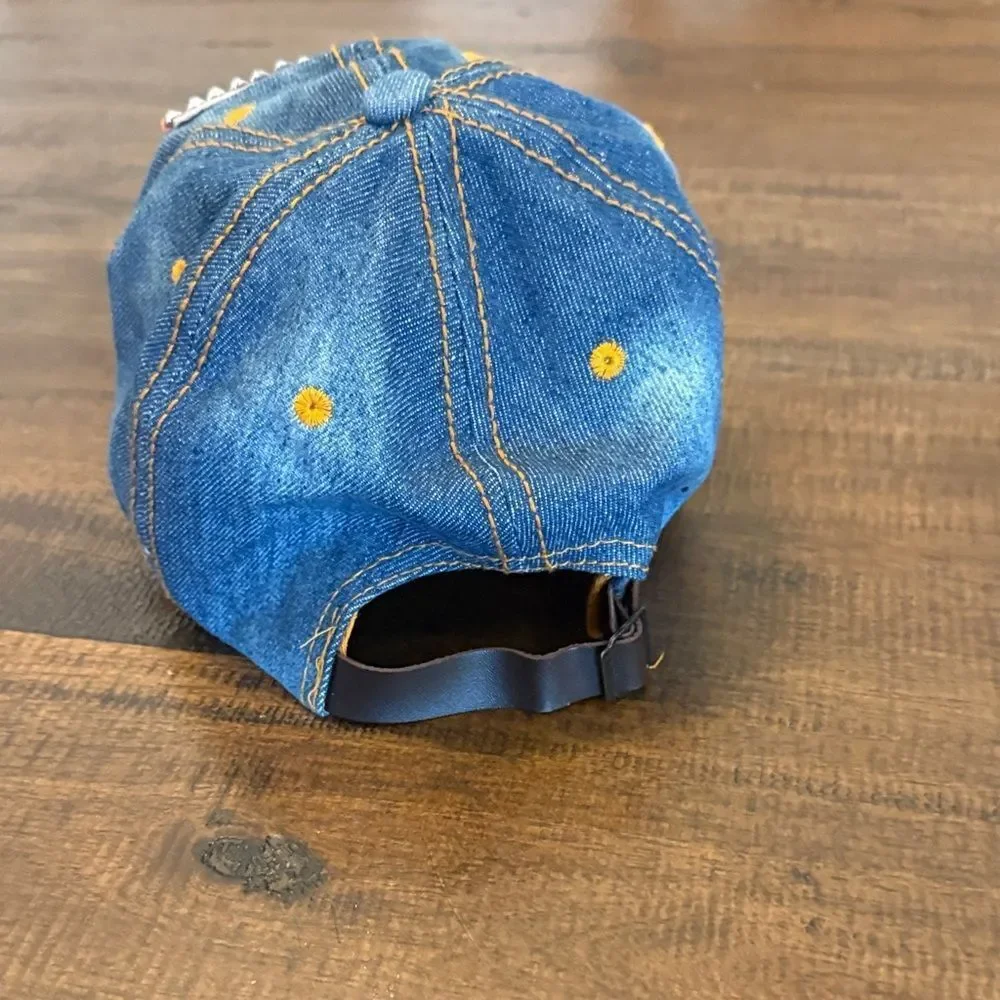 Denim Cap with American Flag Rhinestones - Picture 2 of 7